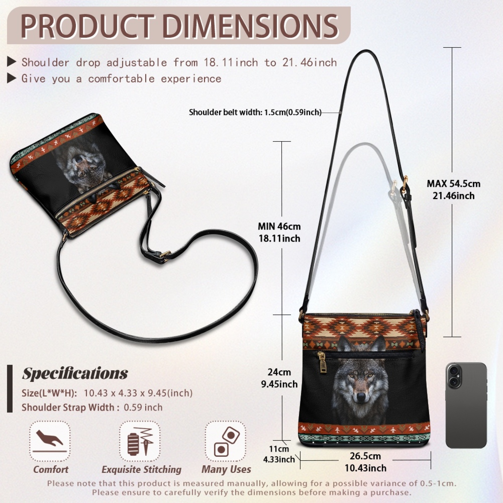 LedBack Aztec Wolf Print Crossbody Purse for Women Leather Shoulder Handbag Portable Cross Body Satchel Purse Messenger Purse for Travel Shopping, Black