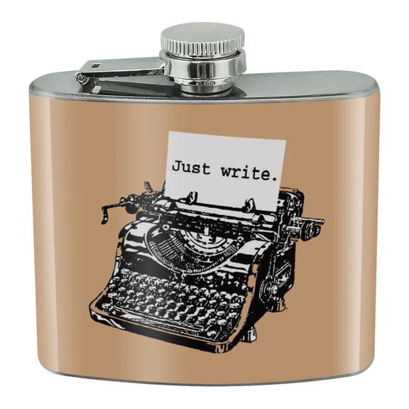 Just Write Antique Typewriter Writer Author Stainless Steel 5oz Hip Drink Kidney Flask