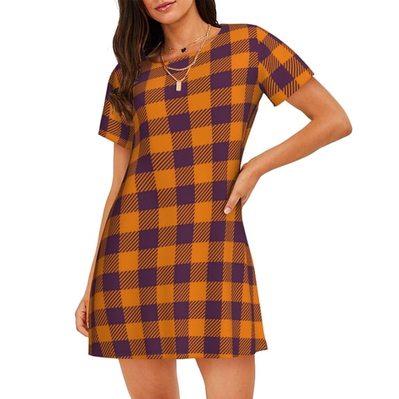 Logiee Fall Buffalo Plaid Print Nightgowns for Women,Soft Short-Sleeved Lightweight Sleepwear, Loose Sleepshirts
