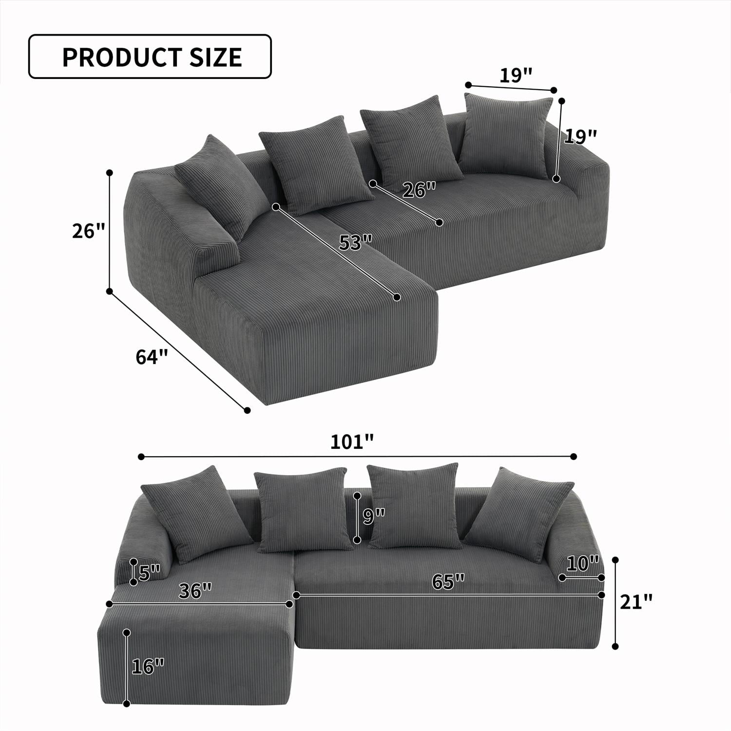 Demi Bonn 101" Corduroy Compression Sofa with Chaise Lounge, 3-Seater Couch with Full Sponge Cushion & 4 Pillows, Ideal for Living Room, Dark Gray