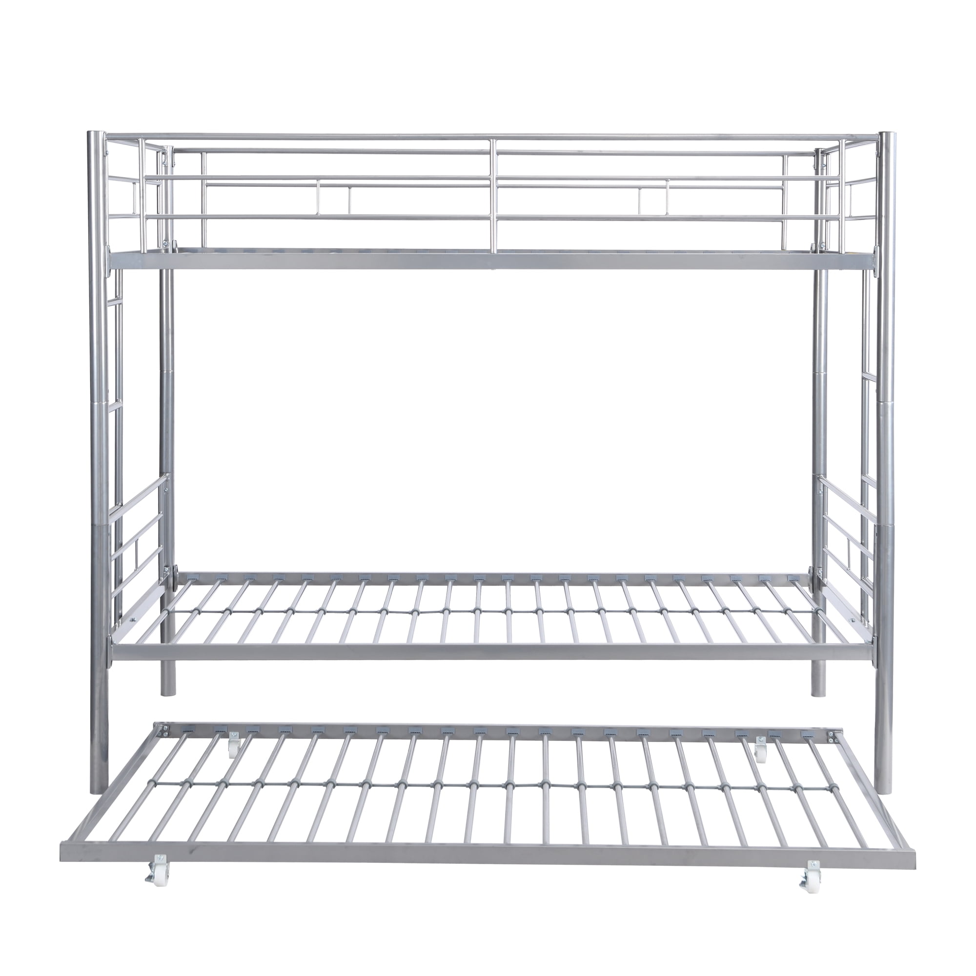 Twin Over Twin Bunk Bed with Trundle,Metal Bed Frame for Kids Adults Teens,Heavy Duty Metal Bed Frame with Safety Rail Side Ladders,Can Be Divided Into 2 Twin Beds with Trundle,Silver