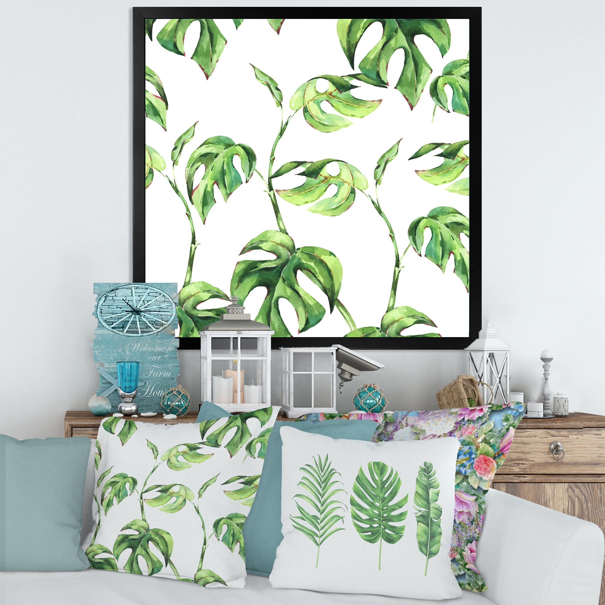 Designart 'Ancient Floral Tropical Leaves II' Tropical Framed Art Print