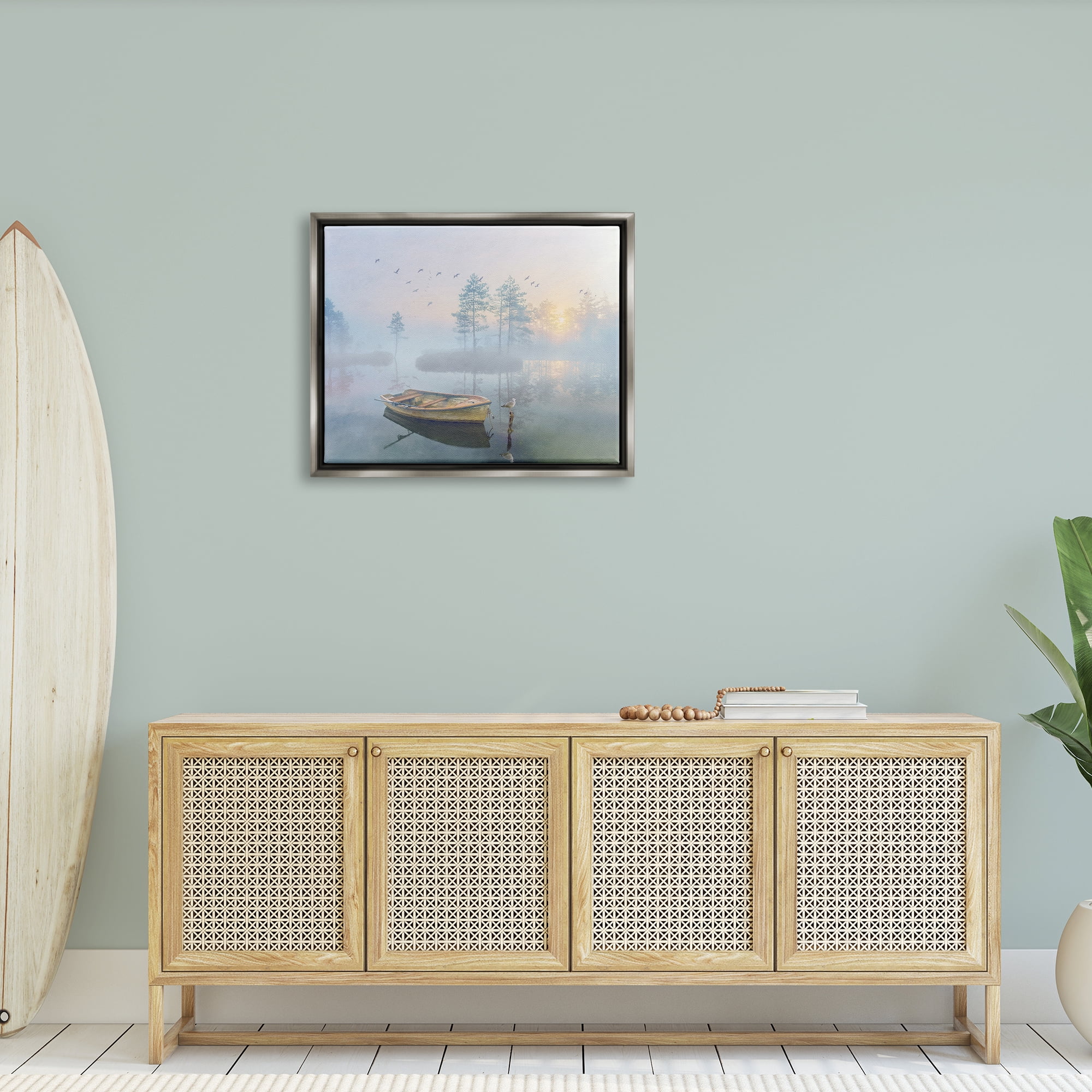 Stupell Dinghy Boat Foggy Pond Reflection Landscape Painting Gray Floater Framed Art Print Wall Art