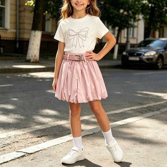 WQNVRNR Girls Sweet Two-Piece Outfit- Elastic Waist Bubble Shorts Bow Short Sleeve Crewneck Top Casual Summer Clothes Set Pink Size 7 Years