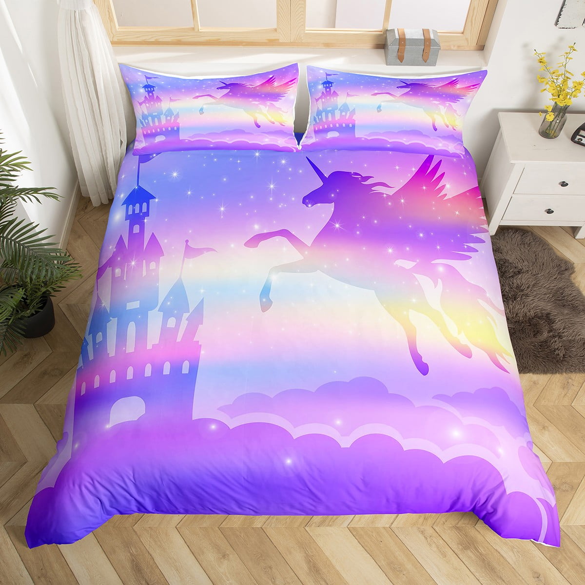 Little Unicorn Comforter Cover Cute Dreamy Horse Duvet Cover Cartoon Magical Animal Bedding Set Girly Princess Castle Bed Set Full Purple Galaxy Rainbow Kawaii Room Decor Unicorn Gifts Walmart