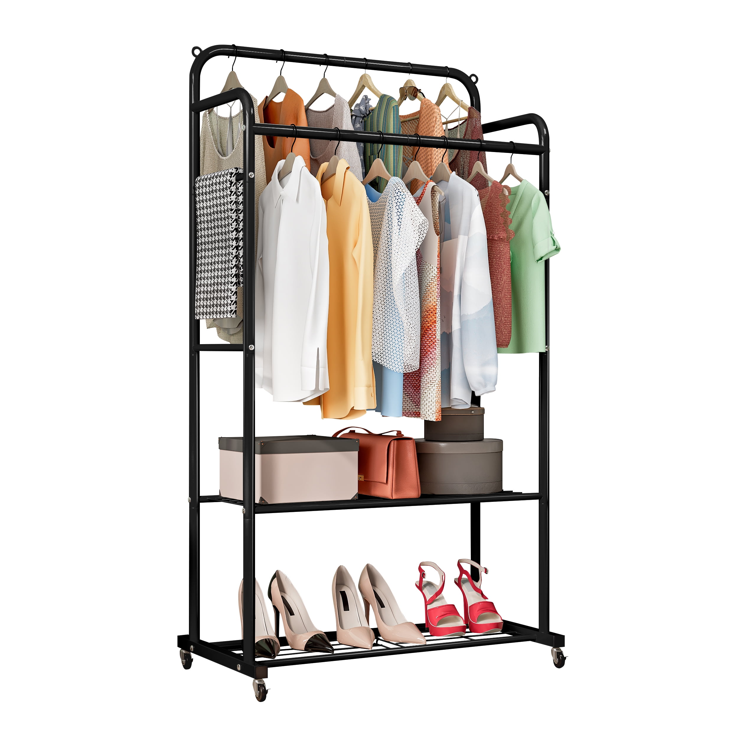 Isyunen Clothing Rack with Shelves Double Rod Clothing Garment Rack on
