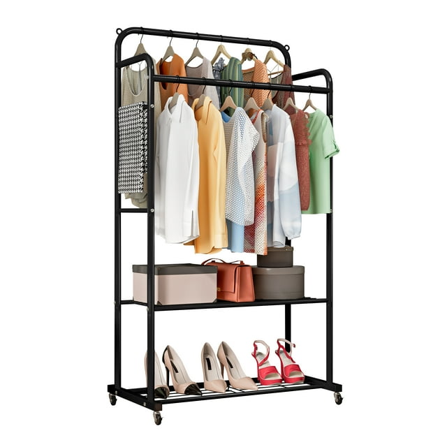 Isyunen Clothing Rack with Shelves Double Rod Clothing Garment Rack on Wheels Clothes Drying