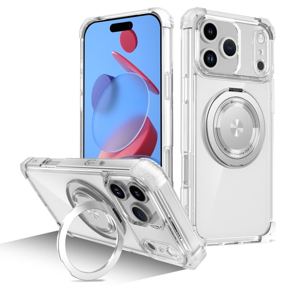 Lunvic for iPhone 17 Pro Case Magnetic, Clear Case with 360 Rotatable Ring Stand Compatible with MagSafe, Anti-Yellowing Heavy Duty Shockproof, Clear