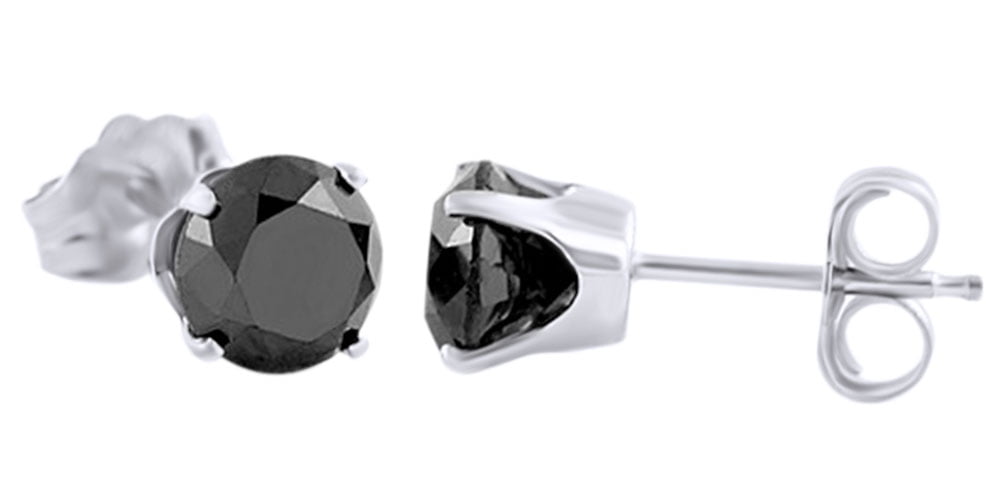 Black Natural Diamond Solitaire Stud Earrings in14K White Gold Over Sterling Silver