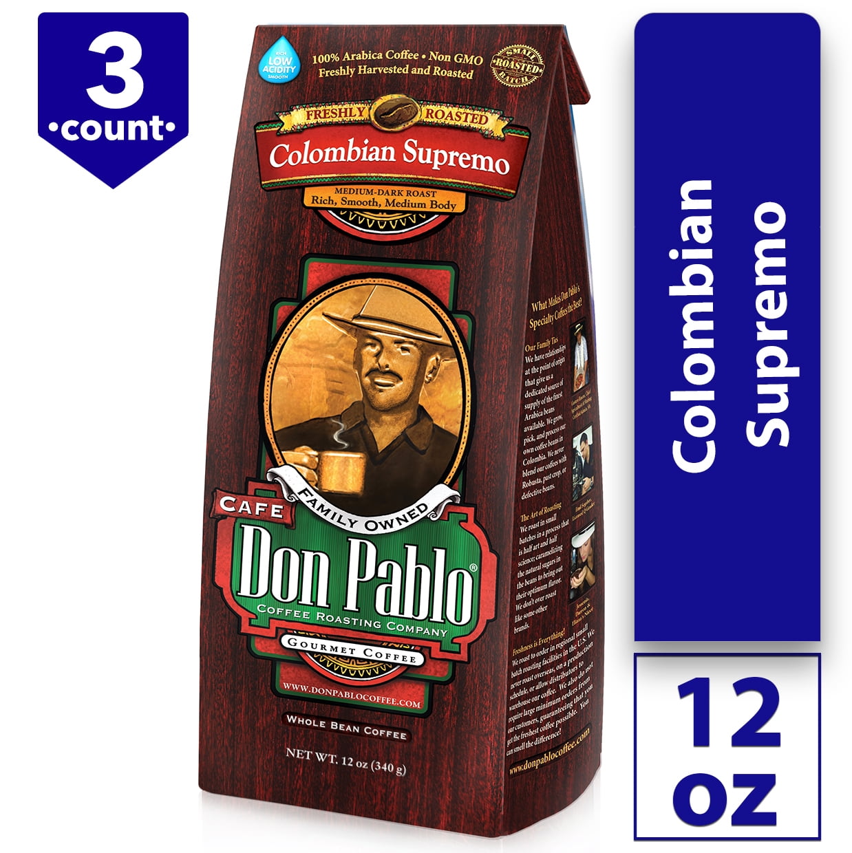 Don Pablo Colombian Supremo Whole Bean Coffee, Medium-Dark Roast, 12 oz, 3 Pack