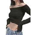 thumbnail image 4 of goowrom Women Off-the-shoulder T-shirt, Adults Ruched Solid Color Flare Sleeve Mesh Crop Tops, 4 of 5