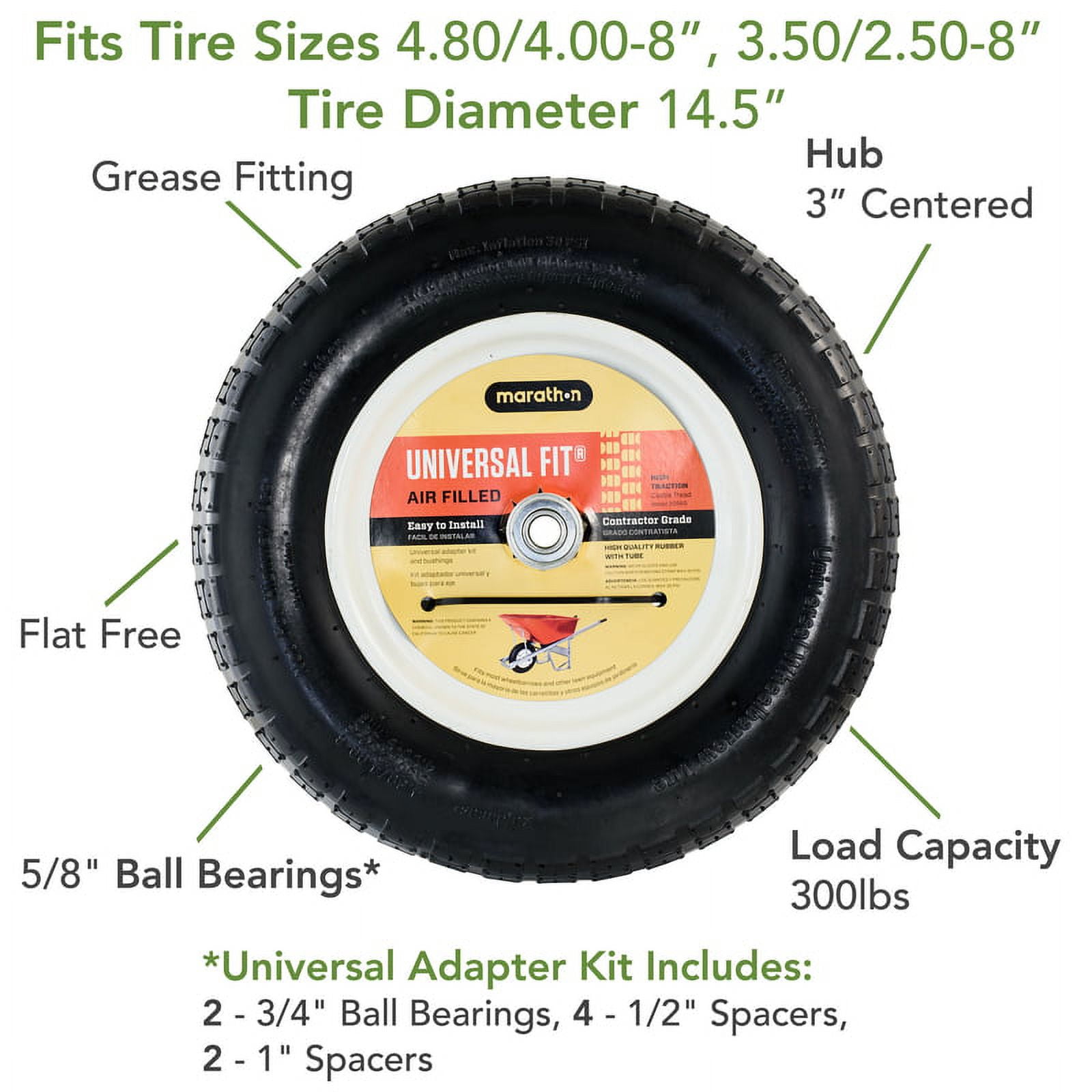Marathon Universal Fit 8 in. Dia. x 14.5 in. Dia. 300 lb. capacity Centered Wheelbarrow Tire Polyurethane