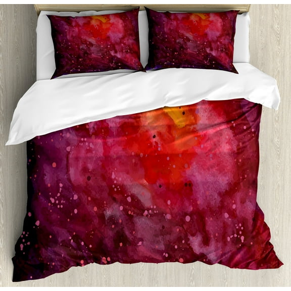 Outer Space Duvet Cover Set, Cosmos Milky Way Galaxy Abstract Stardust in Watercolor Design, Decorative 3 Piece Bedding Set with 2 Pillow Shams, Queen Size, Lavender Orange Mustard, by Ambesonne