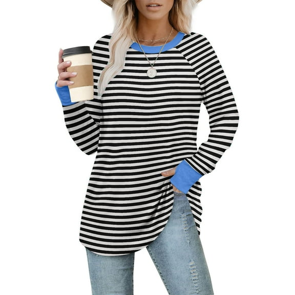 Women Striped Oversized Sweatshirt Color Block Crew Neck Long Sleeve Shirt Casual Pullover Top Fall Y2K Clothes Black L