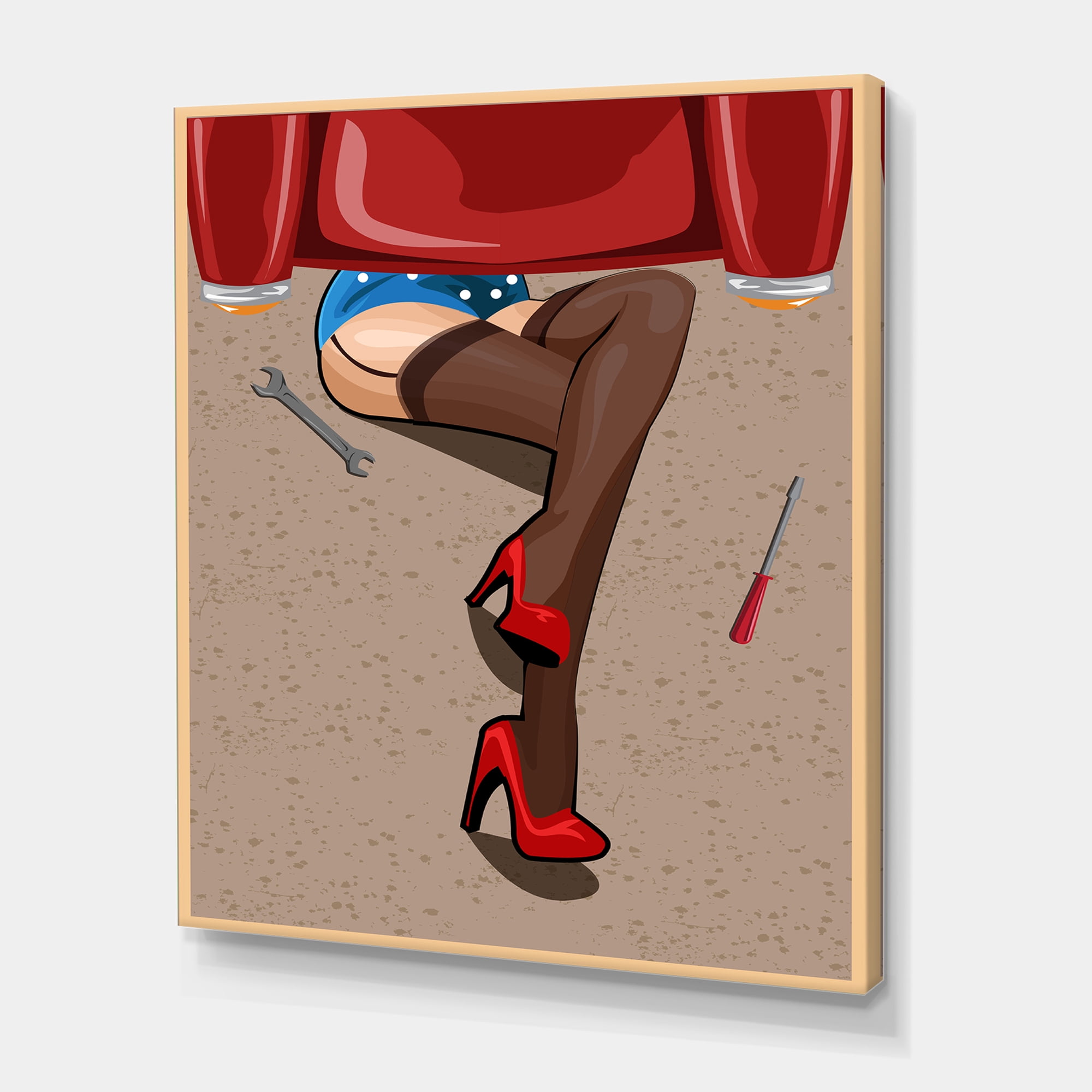 Designart ' Retro Sexy Girl Repairing The Car ' Modern Canvas Wall Art Print