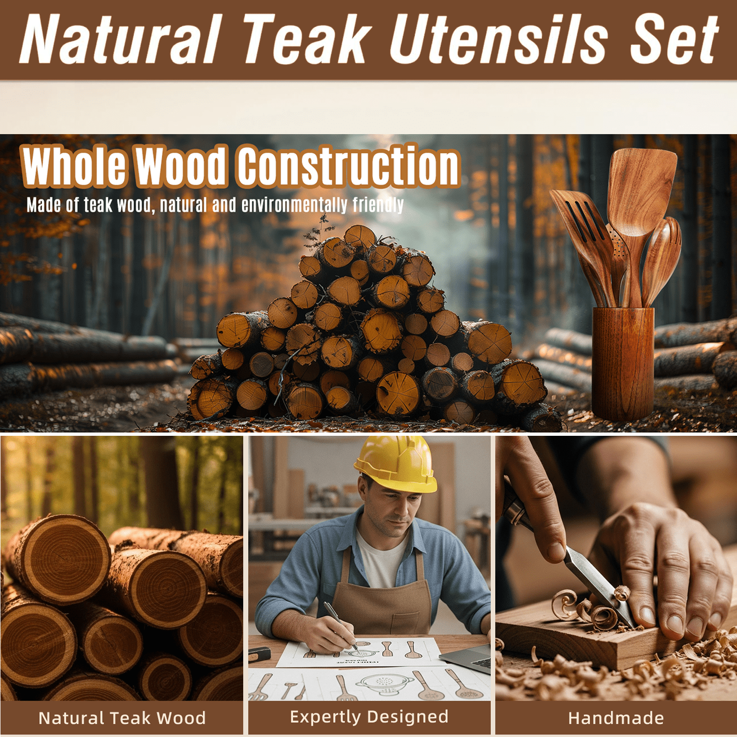12 Pcs Teak Wooden Spoons for Cooking– Non-Toxic, Non-Stick Kitchen Utensils Set Wood Spatulas with Hooks, Spoon Rest & Holder – Lightweight, Heat Resistant, Eco-Friendly.