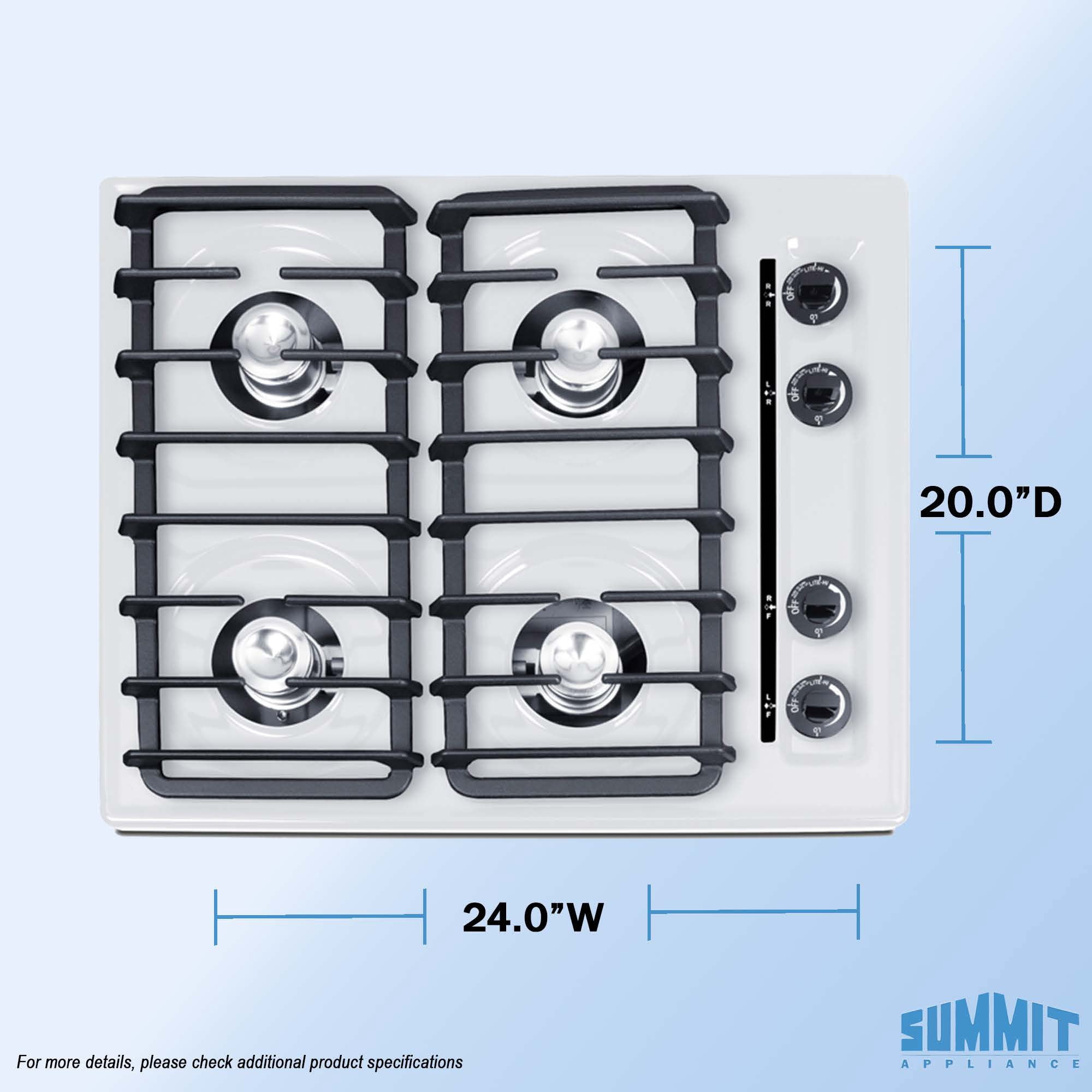 Summit 24 Inch Gas Cooktop, 4 Burners, Electric Ignition, 115V-3 Gas Cooktop, Made in the USA, White- WNL033I