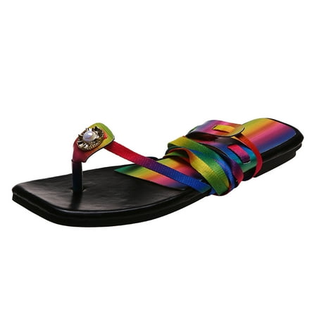 

Fsqjgq Fall Sandals for Women Flat Sandals Square Toe Beach Sandals Fairy Fashion Color Strap Flat Sandals Female Foreign Trade Beach Sandals for Women Sandals Size 5 Black 37