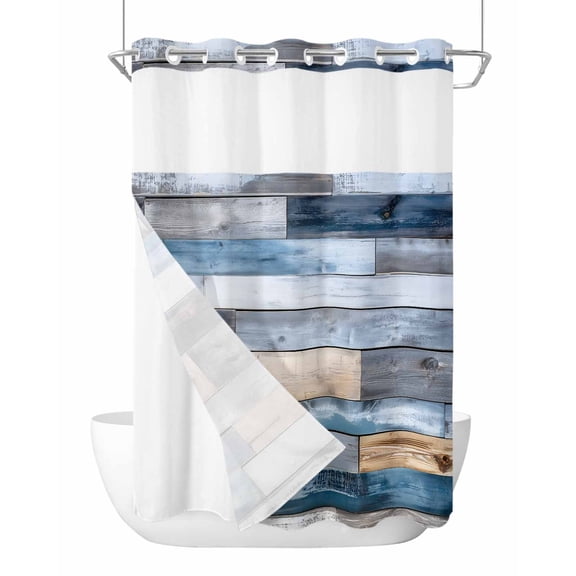 No Hook Cloth Fabric Shower Curtain with Snap in Liner, Blue Wooden Grain Waterproof Shower Curtains Set with See Through Top Window, Farmhouse Country Abstract Art Bath Curtains Shower 48"x72"