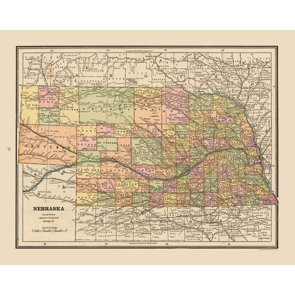 Historic State Map - Nebraska - Cram 1888 - 28.86 x 23 - Vintage Wall Art