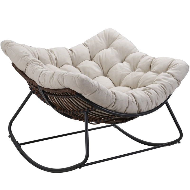 Oversized Papasan Outdoor Armless Rocking Chair, Indoor Recliner Lounge Chair with Cushion