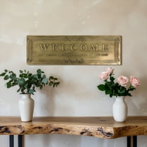 American Art Decor "Welcome" Ornate Embossed Gold Metal Wall Decor - Vintage Style Hanging Sign, 9" x 30" - Front Porch, Entryway Home Accent Funny Dog Sign