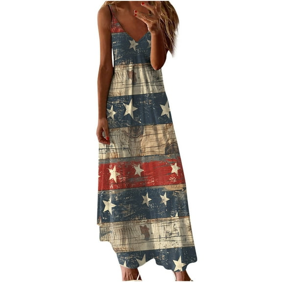 Cmfcve Womens 4th of July Clothes Dresses V-neck Sleeveless Patriotic Dress Independence Day Print Patchwork Art Flag Casual Dress