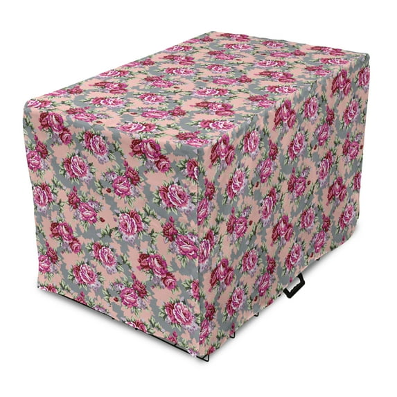 Peony Dog Crate Cover, Repetitive Vibrant Tones Modernized Flowers Print, Easy to Use Pet Kennel Cover Small Dogs Puppies Kittens, 7 Sizes, Pink Blush Grey, by Ambesonne