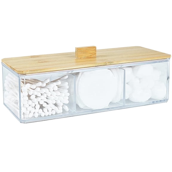IWNTWY Qtip Holder Dispenser with Wood Lid, 3 Compartment Acrylic Bathroom Organizer for Cotton Swab, Cotton Pad