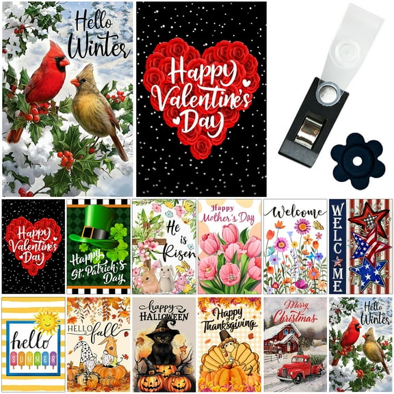 Yileqi Seasonal Garden Flag Set of 12 Double Sided 12x18 Inch, Small Yard Flags for the Entire Year, Holiday Garden Flag Set for Outside Decor, with Free Anti-Wind Clip and Stopper