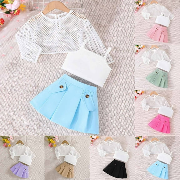 Miluxas Girls 3 Piece Outfit Cami Crop Tops Skirt Set with Mesh Shirts Purple 2 Years