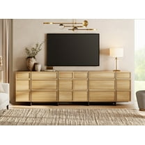 WAMPAT Modern TV Stand for TVs up to 110 inch, Entertainment Center TV Console Table with 18 Drawers and T-Shaped Wood Legs, Media Console for Living Room, Bedroom, Oak