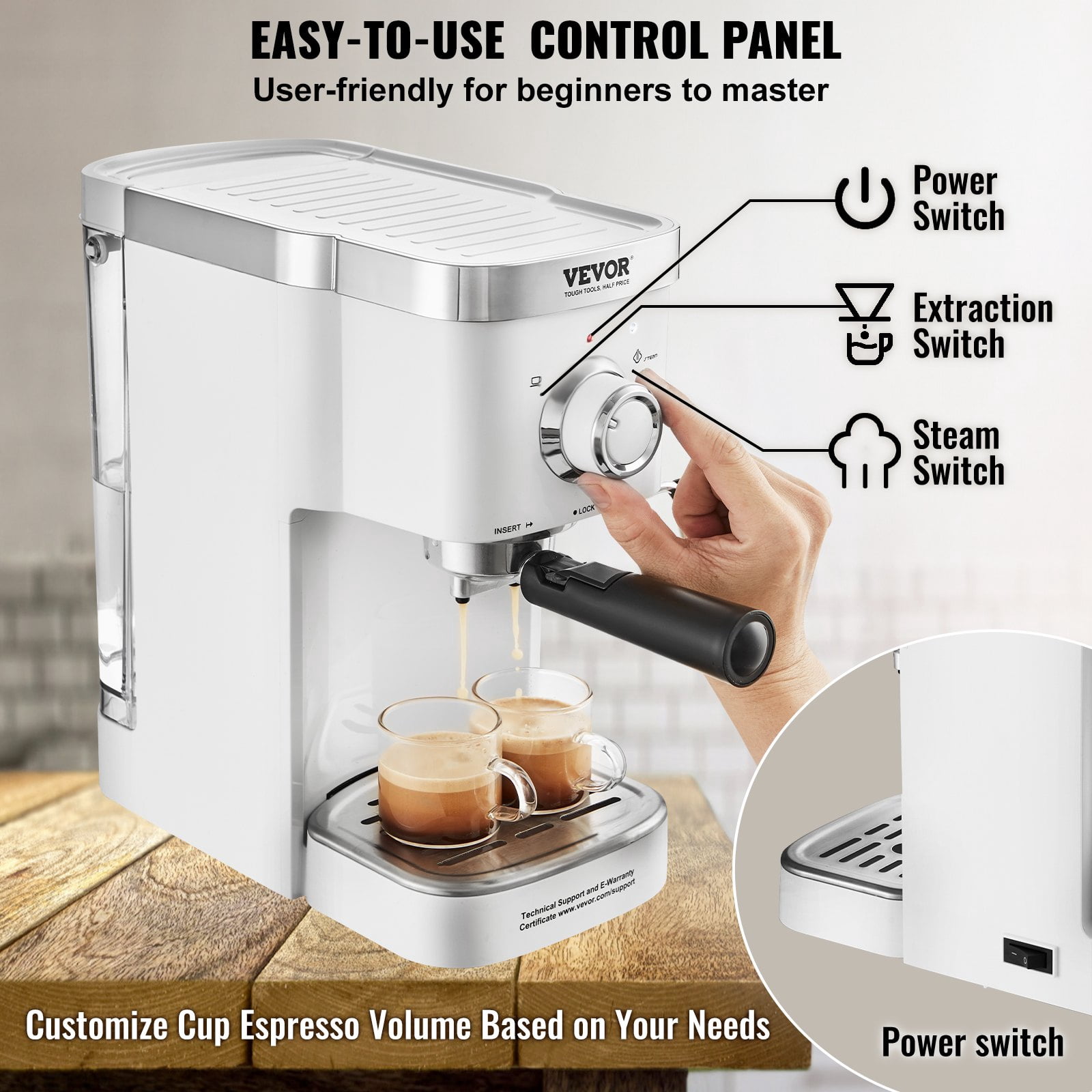 VEVOR Semi-Automatic Espresso Machine, 15Bar Espresso Maker with Milk Frother, High-Power Boiler, Removable Water Tank, and NTC Control System for Professional Cappuccino and Latte