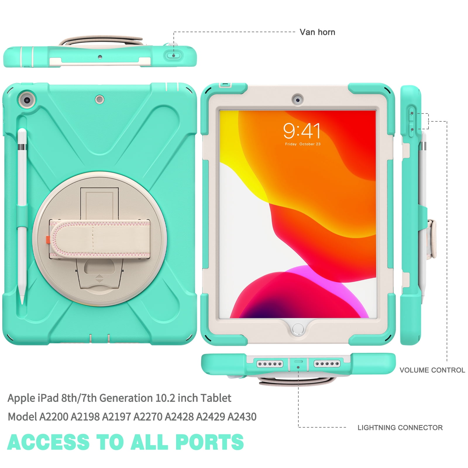 Allytech iPad 9.7 6th 5th Generation Case with Screen Protector, Heavy Duty Protection Rugged Kids Friendly Shockproof Kickstand Pencil Holder Case Cover for Apple iPad 9.7" 2018/2017,Mint
