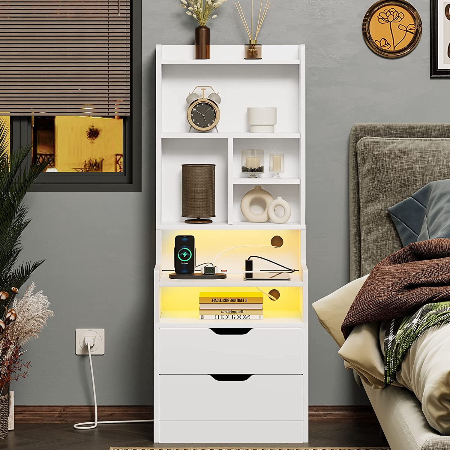 Toogaho White Tall Nightstand with Charging Station and LED Lights, LED Nightstand with Bookshelf, Bedside Table with Shelves and 2 Drawers, Tall End Side Table with USB Ports and Outlets
