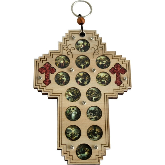 Three Layers with enameled Medals Showing 14 Stations of The Cross and 2 Small Crosses Filled with Natural Holy Land Stones