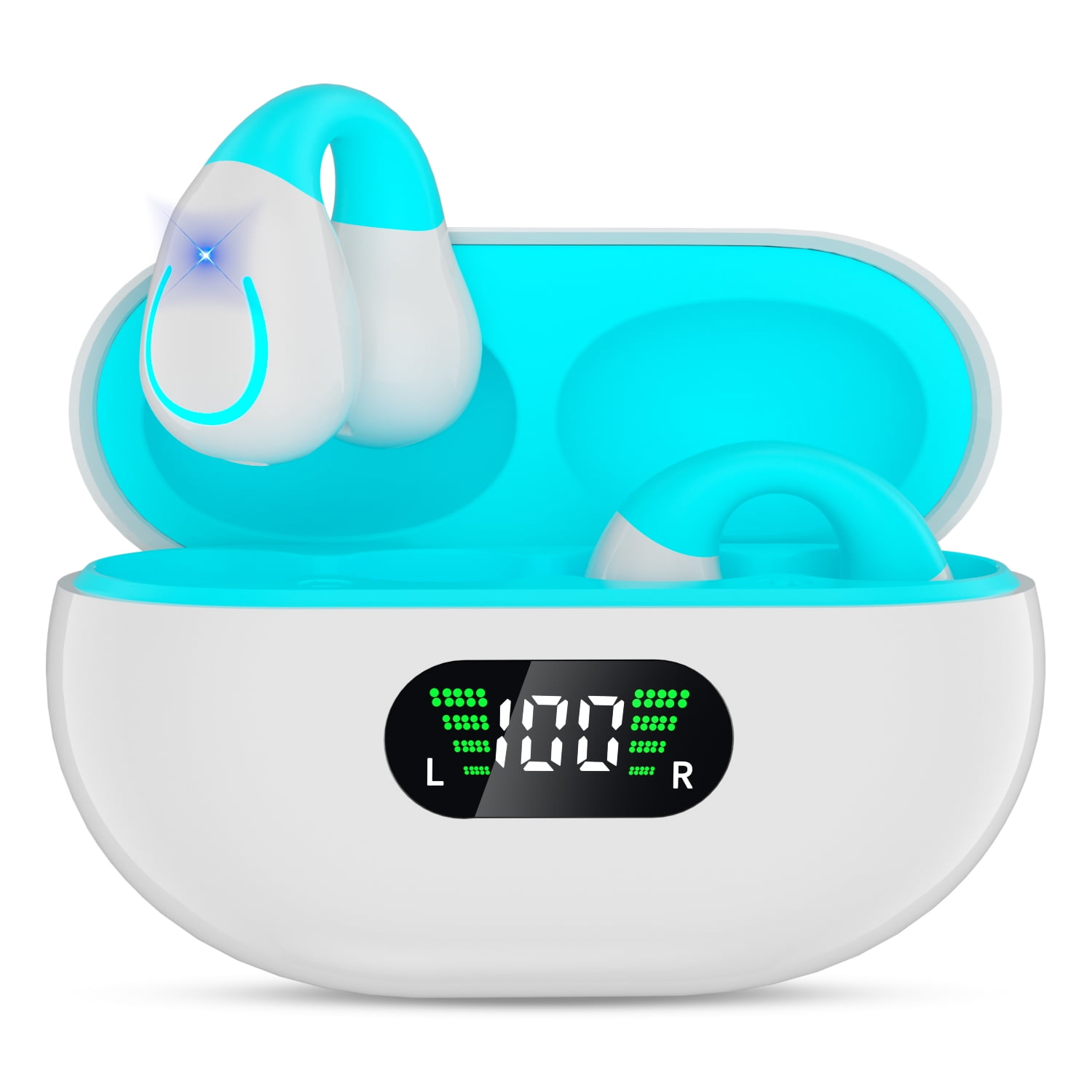Open Ear Headphones Wireless Bluetooth 5.3 Clip On Earbuds with Digital Display Charging Case Button Control Bone Conduction Mini Sport Earphones Built-in Mic IPX7 Waterproof for Running Fitness Blue