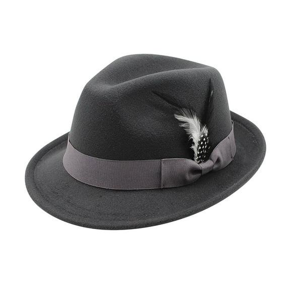 Men's Classic Wool Felt Trilby Fedora Hat with Elegant Feather Accent Decorative Vintage Dress Hat Dark Gray