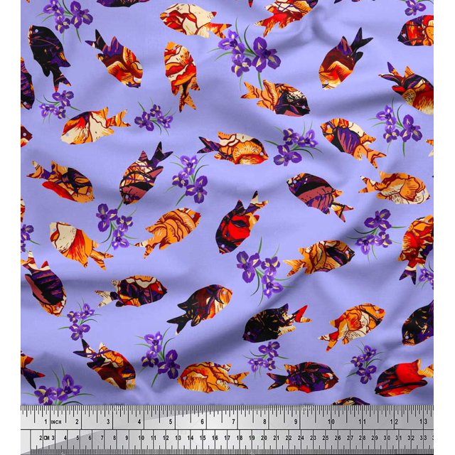Soimoi Rayon Fabric Floral & Textured Fish Ocean Print Fabric by The Yard 56 Inch Wide