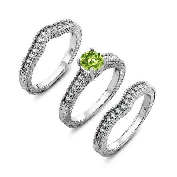 Gem Stone King 925 Sterling Silver Round Green Peridot Set of 3 Fitted Ring 1.44 cttw (Size 5)