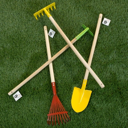 Hey! Play! Kid's Garden Tool Set with Long Wood Handles, 4-Piece
