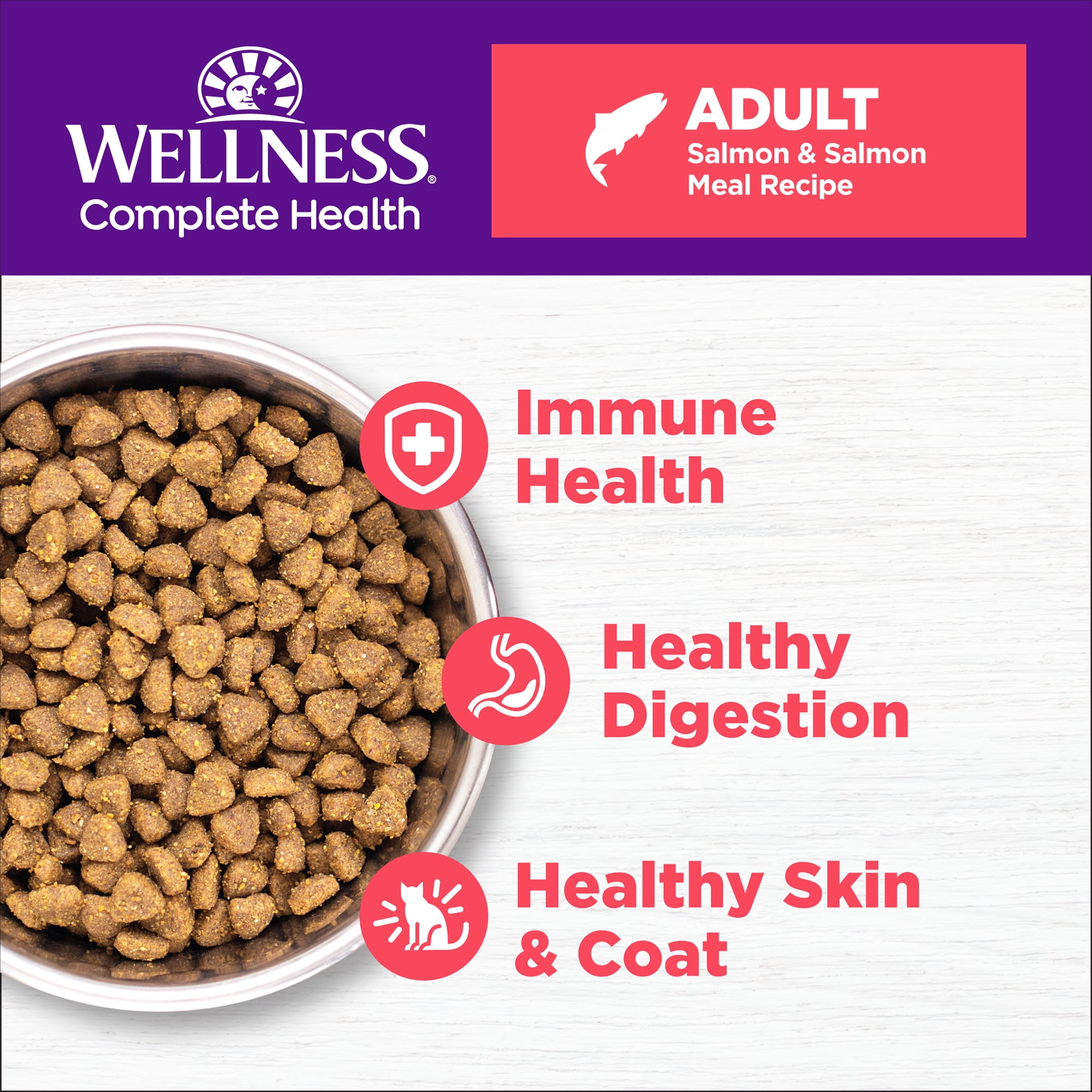 Wellness Complete Health Adult Dry Cat Food, Natural, Wholesome Grains Kibble, Salmon Recipe, 5 lb Bag