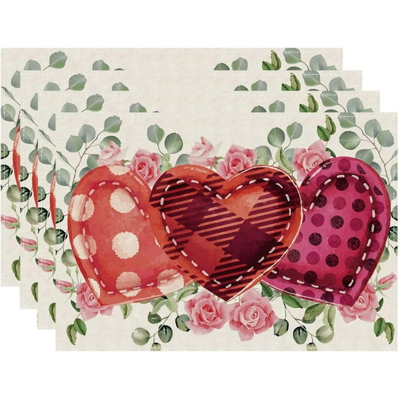 Valentines Day Plaid Love Hearts Pink Roses Eucalyptus Leaves Cloth Placemats Set of 4 Table Mats Table Decorations 12x18 Inch