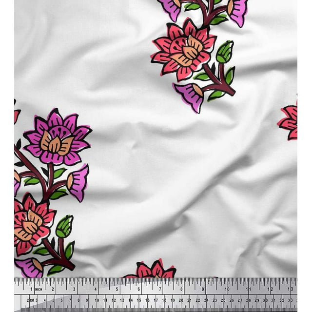 Soimoi Satin Silk Fabric Leaves & Floral Block Printed Fabric 1 Yard 42 Inch Wide