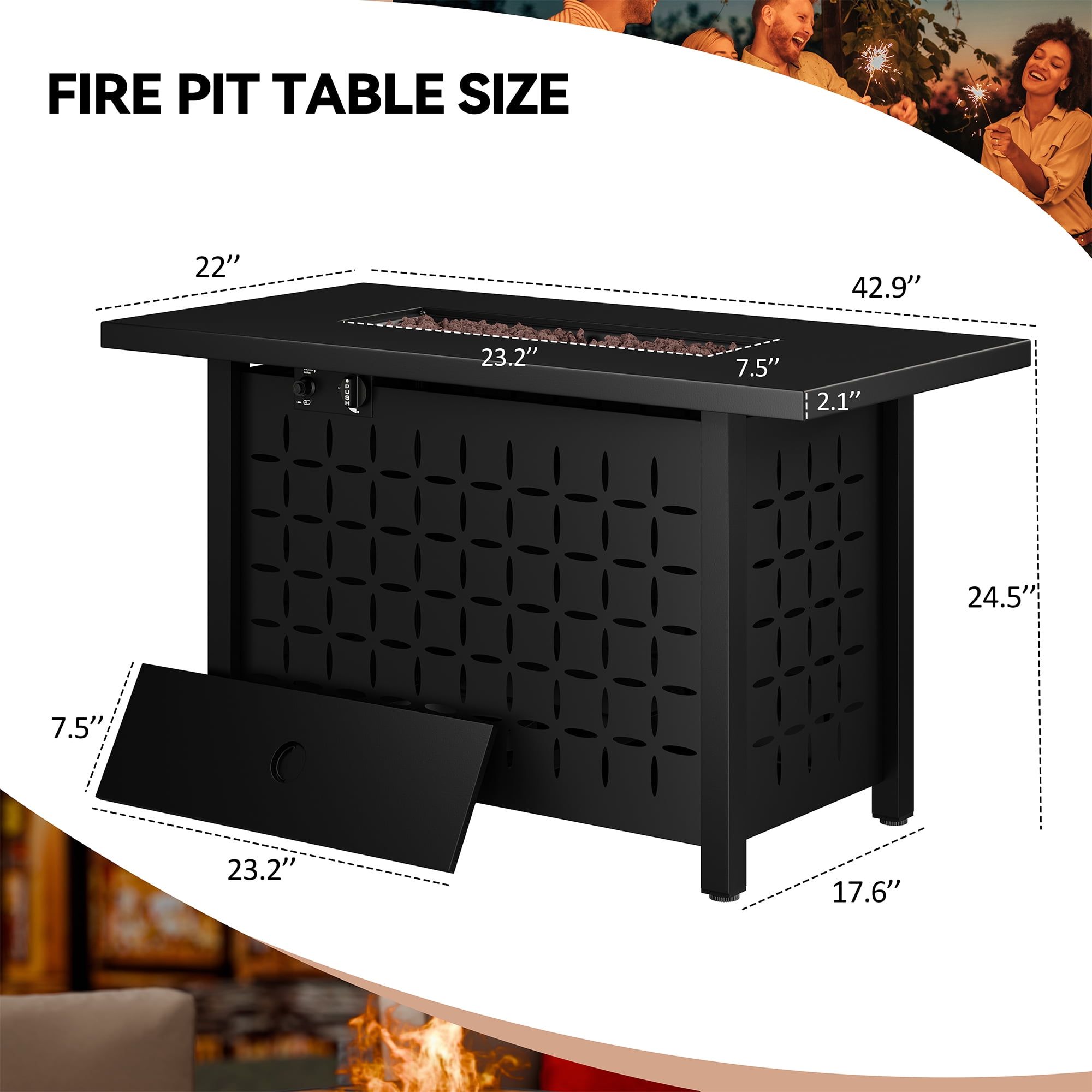 Walsunny 43 inch Gas Fire Pit Table 50,000 BTU Outdoor Rectangular Propane Firepit Table with Waterproof Cover