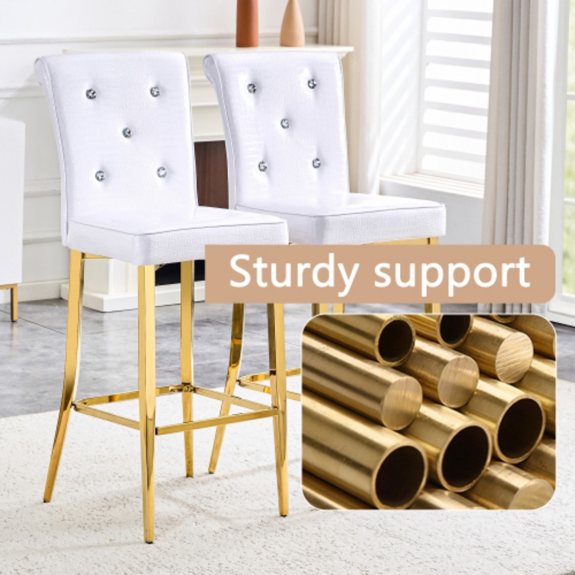 Set of 2 Vintage Bar Chairs, Faux Crocodile Leather Upholstered Stools with Crystal Button Details & Accents, Kitchen Island & Bar, White & Gold
