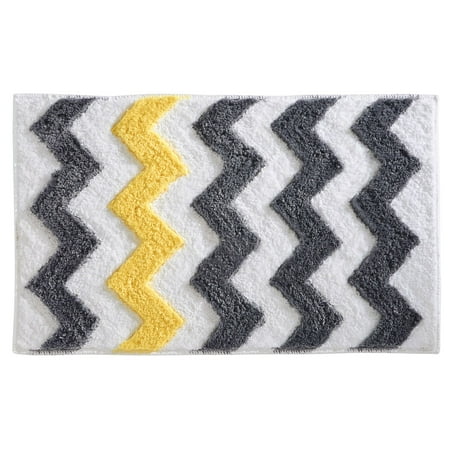iDesign, Chevron Bath Rug, Machine Washable Microfiber Accent Rug for Bathroom, Kitchen, Bedroom, 34" x 21", Gray and Yellow