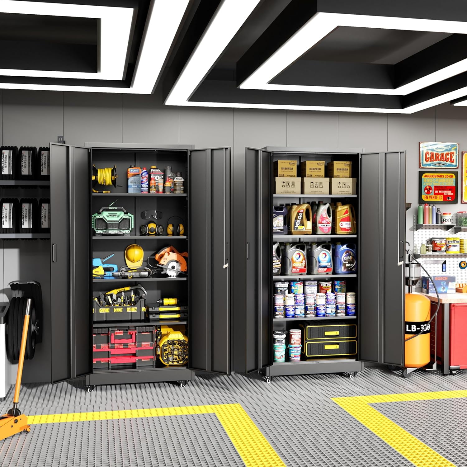 SUNCROWN 73" Storage Cabinet with Wheels,BlackMetal Rolling Garage Cabinet with Locking Doors and 4 Adjustable Shelves for Home,Kitchen,Office,Warehouse(32" W x 16" D)