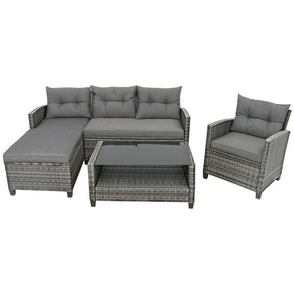 GVN Backyard Furniture Sets,Outdoor Furniture Sets,4 Pieces Patio Rattan Furniture Set with Cushion and Table Shelf-Gray