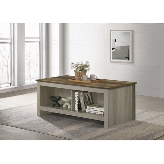 Nyla Gray Oak Coffee Table - 43"W with Open Shelves and Walnut Finish